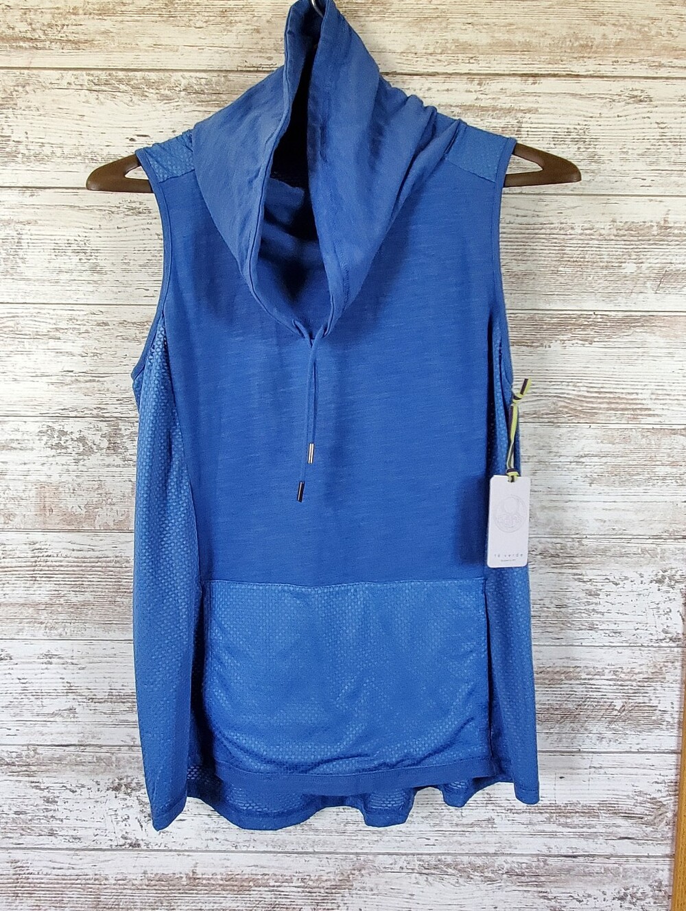 Te Verde Equinox Sleeveless Hoodie Pullover Royal Blue Cowl Neck Mesh Women's